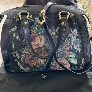 Black leather tapestry handbag Glen Miller fir Ann Turk shoulder strap